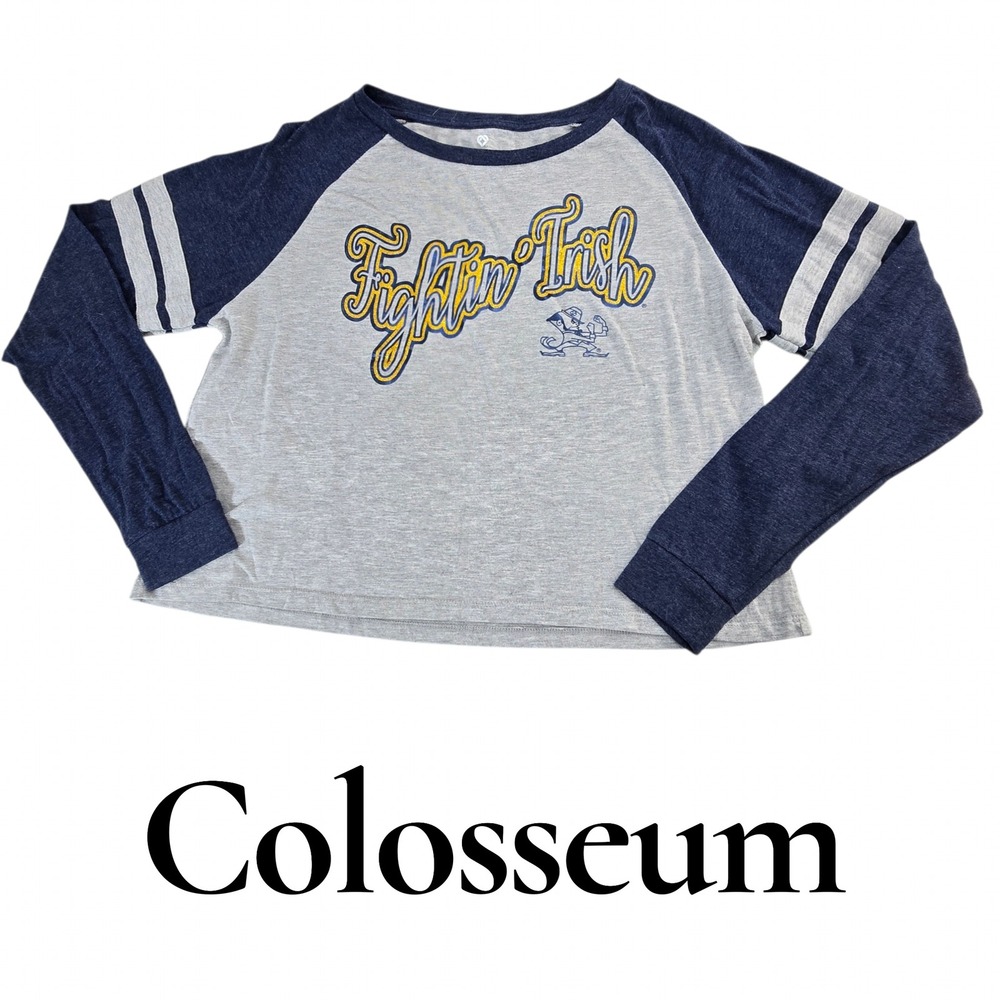 Colosseum Notre Dame Top Womens L Gray Navy Cotton Raglan Fightin Irish Cropped